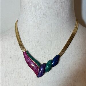 Vintage 80s Pink Purple Green Gold Omega  Chain Multicolor Enamel Necklace